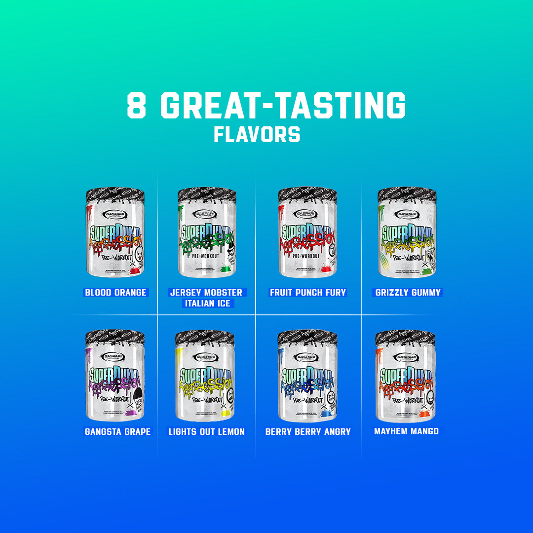 An array of SuperPump Aggression containers featuring eight different flavors, showcasing variety and vibrant branding for fitness enthusiasts.